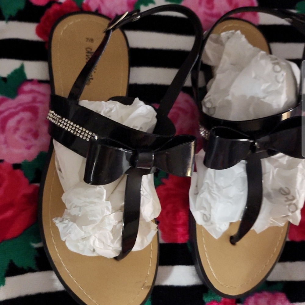 Chatties Black Sandals with Bow and Rhinestones
